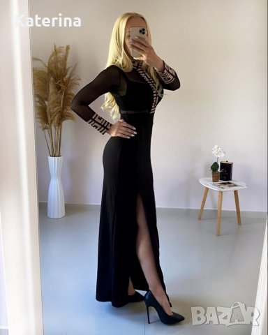 Дълга черна елегантна рокля с тюл и цепки, снимка 3 - Рокли - 37187584