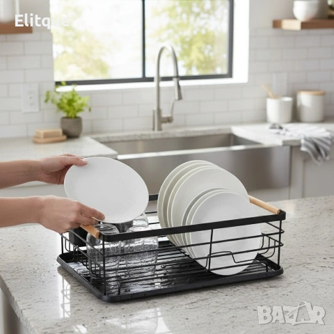 Компактен сушилник за съдове с отцеждаща табла Cheffinger – метален, 43 x 32 x 14 см, модерен дизайн, снимка 2 - Други стоки за дома - 53179898