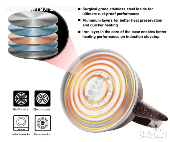 Свирещ Чайник с фина цедка, Мраморен, Индукционно дъно, Кафяв -1 литър , снимка 4 - Аксесоари за кухня - 48222381