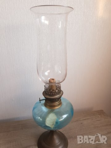 Стара газова френска настолна лампа синьо стъкло, снимка 2 - Антикварни и старинни предмети - 39052776