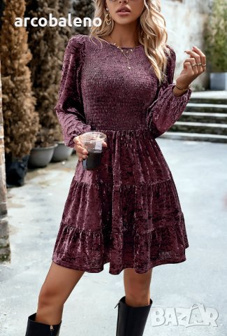 Дамска елегантна кадифена рокля с кръгло деколте, 4цвята , снимка 4 - Рокли - 43491144