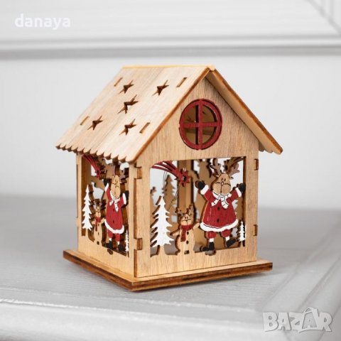 3197 Светеща дървена коледна къщичка за декорация, 11 см, снимка 2 - Декорация за дома - 38412150