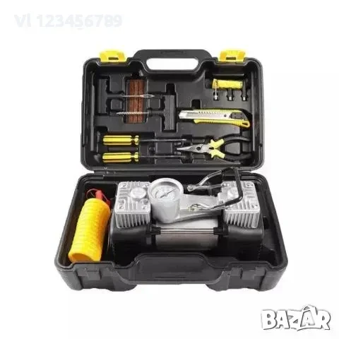 Мощен двуцилиндров компресор за автомобили в куфар с инструменти