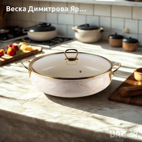 Тенджера Goldmann 24x8см. 3.2л./ 26x8.5см. 4л. Плитка. Емайл. Индукция. Бял/Старо злато, снимка 3 - Съдове за готвене - 50540638