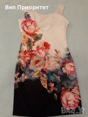 Красива рокля , еластан и трико , бяла във високата част и тъмна в долната част с принт от рози , снимка 6 - Рокли - 37258546