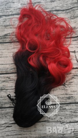 Естествена Луксозна Омбре -Черно и Ярко Червено Цветово Преливане Опашка с Щипка Код С302, снимка 4 - Аксесоари за коса - 26401870