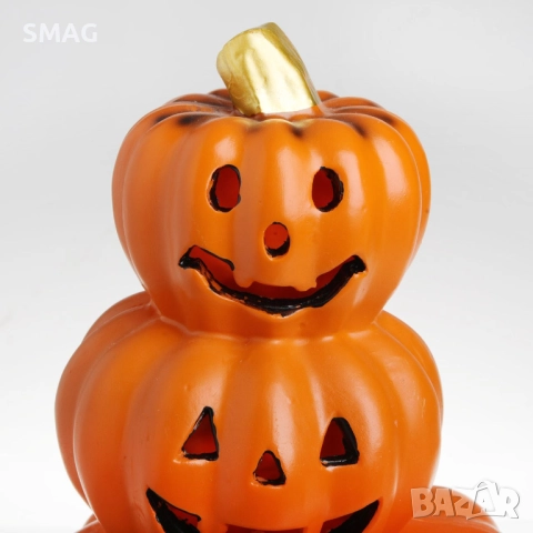 Halloween / Хелоуин декоративна композиция тикви от полирезин с LED осветление, 17x17x28 см_1256075, снимка 3 - Декорация за дома - 52008212