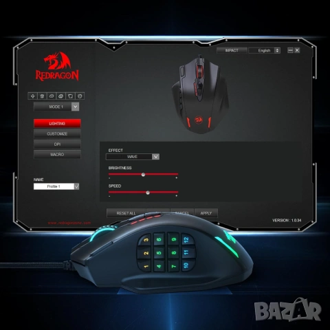 Геймърска мишка Redragon M908 IMPACT RGB LED MMO с лазерен кабел, 12 400 DPI, снимка 2 - Клавиатури и мишки - 53542068