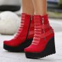 Боти на платформа - червен велур - B2001, снимка 3