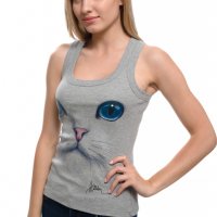 Нов дамски сив потник с 3D трансферен печат Котка със сини очи, Х-гръб, снимка 5 - Потници - 33288703
