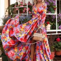 Красива дълга рокля на цветя, цвят лилав, снимка 2 - Рокли - 39674631