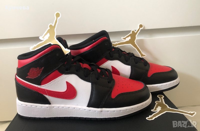 Маратонки оригинални NIKE AIR JORDAN 1 MID BRED TOE WHITE, снимка 1