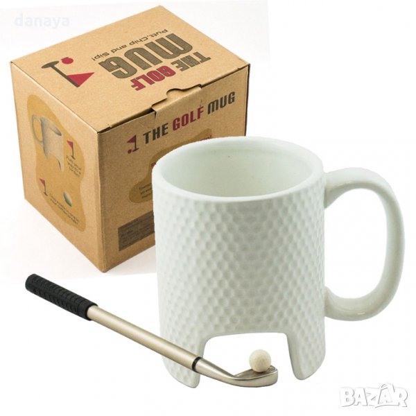 1289 Бяла керамична чаша Голф със стик химикал и топче, снимка 1