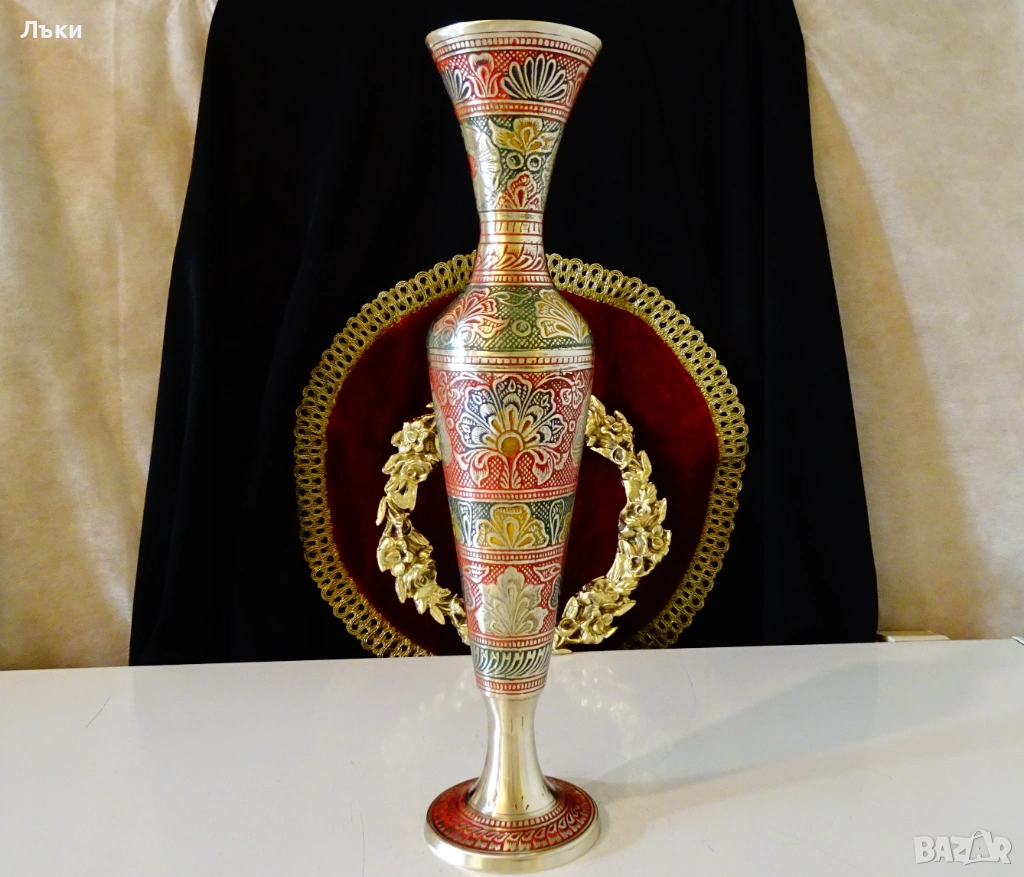 Бронзова ваза 36 см.,цветен клетъчен емайл. , снимка 1