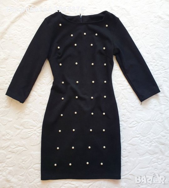 Черна рокля с перлички с матов плат като мек велур и 3/4ръкави, снимка 1
