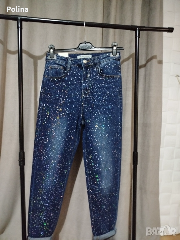 Дамски дънки с камъни, балон, напръскани, снимка 1