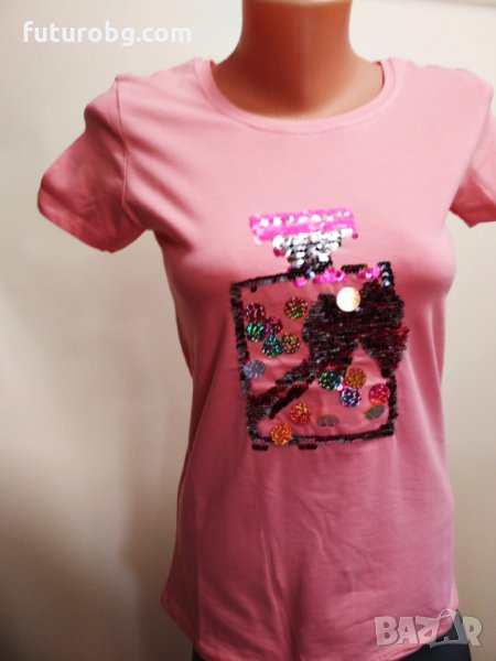 Розова дамска тениска с въртящи се пайети във форма на шише, снимка 1