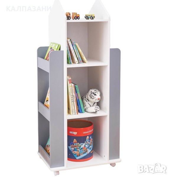 Детска Секция с Рафтове на 4 нива, Дървена, Въртяща се на 360°, за Съхранение на Книги и Играчки, Бя, снимка 1