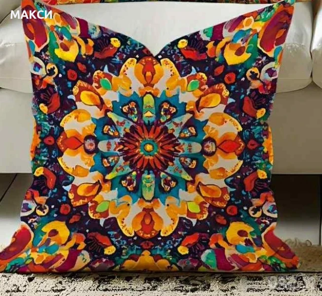Комплект от 4 бр. декоративни калъфки за възглавници с ципче и ярък многоцветен етно десен - мека гл, снимка 1