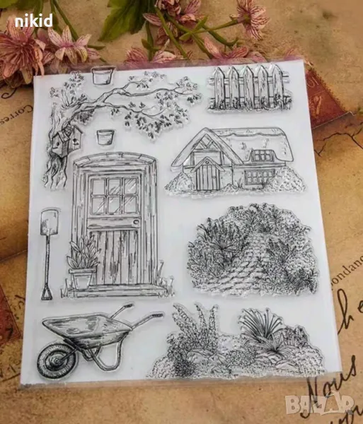 Къща врата дърво каруца цветя път силиконов гумен печат декор украса бисквитки фондан Scrapbooking, снимка 1