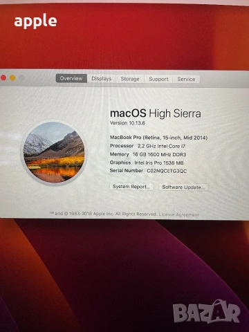 15,4" Core i7 MacBook Pro A1398 (Mid-2014 (IG) -i7/16GB RAM/256GB SSD, снимка 10 - Лаптопи за работа - 53084864