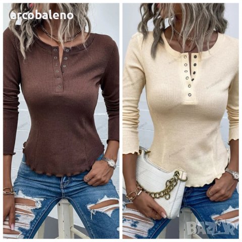 Дамска едноцветна блуза с дълги ръкави с рипсови копчета, 2цвята - 023, снимка 1 - Блузи с дълъг ръкав и пуловери - 40052818