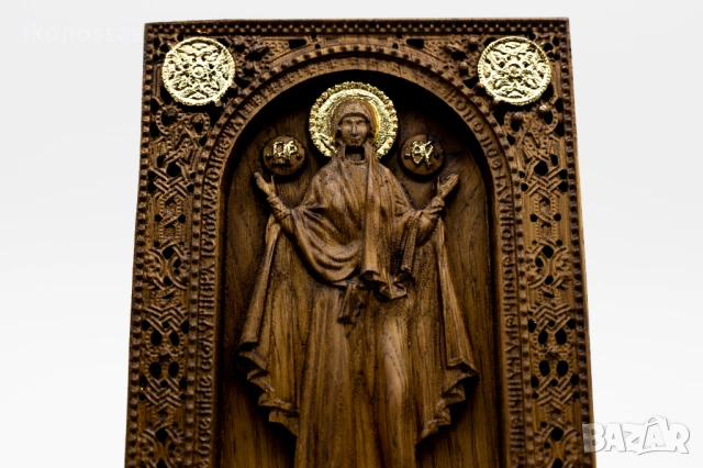 Позлатена релефна икона на Пресветата Майка Богородица, дъб, снимка 6 - Икони - 53223529