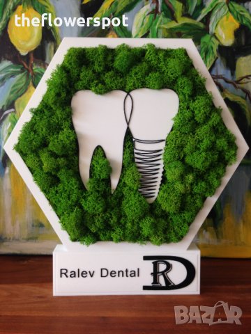 Подарък за зъболекар или зъботехник. Шестоъгълник с лого зъб и имплант, украсен със скандинавски мъх, снимка 1 - Други - 40593206