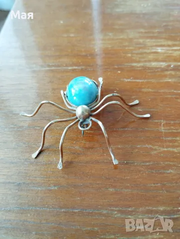 Винтидж брошка с насекомо паяк с игла от стерлингово сребро и тюркоаз от Navajo , снимка 4 - Други - 50304266