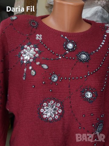 УНИКАЛНО КРАСИВА блуза плетиво в цвят бордо, обшита със сребристи камъни и синци , снимка 2 - Блузи с дълъг ръкав и пуловери - 39148938