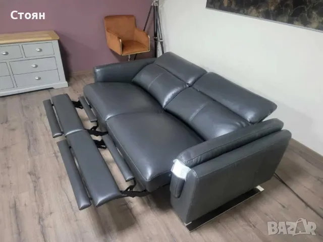 ПРОМОЦИЯ!!! Сив кожен диван тройка с ел. релакс механизъм "Sandro", снимка 5 - Дивани и мека мебел - 47582431