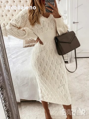 Дамска рокля-пуловер с V-образно деколте и дълги ръкави - 023, снимка 2 - Рокли - 43148268