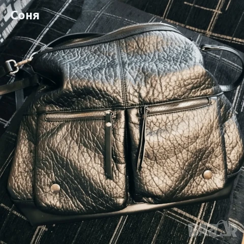 Дамска чанта черна тип торба с дълга и къса дръжка