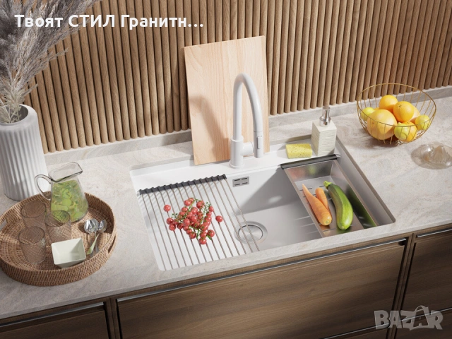 Бяла кухненска мивка за вграждане под плот Берген 80 Low 760x530 мм -20%, снимка 4 - Мивки - 53070199