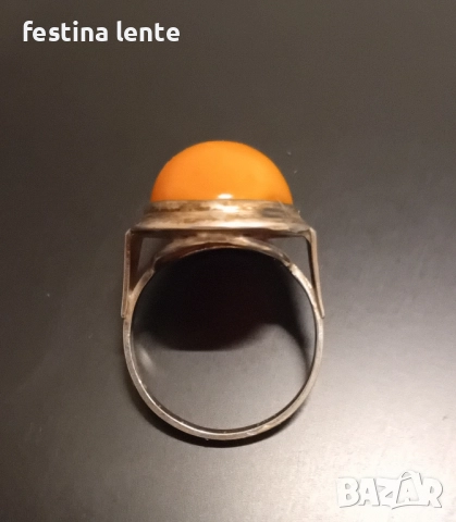 Стар руски сребърен пръстен с кехлибар, снимка 3 - Пръстени - 52405507