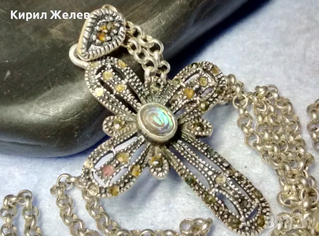 АВТОРСКИ АЖУРЕН СРЕБЪРЕН КРЪСТ СРЕБРО 925 NF с КРАЛСКИ СЕДЕФ МАРКАЗИТИ СРЕБЪРНА ВЕРИЖКА ИТАЛИЯ 41807, снимка 3 - Колиета, медальони, синджири - 49486908