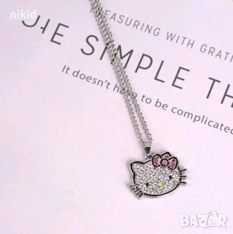 Коте Кити Hello Kitty с камъчета Детско дамско колие висулка синджир гердан , снимка 4 - Други - 45963596