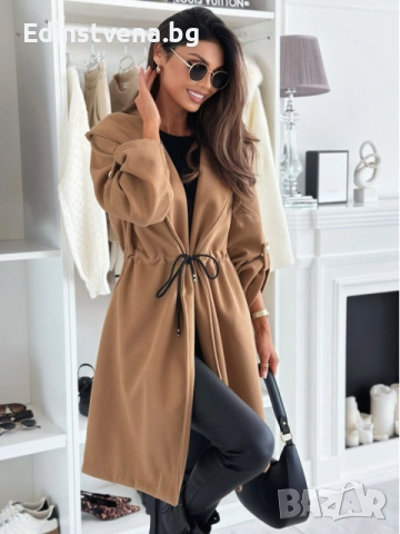 Дамско палто в цвят карамел с връзки на талията и качулка, снимка 4 - Палта, манта - 51456621