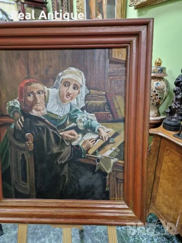 Прекрасна голяма антикварна авторска белгийска картина масло върху платно , снимка 6 - Картини - 48772614