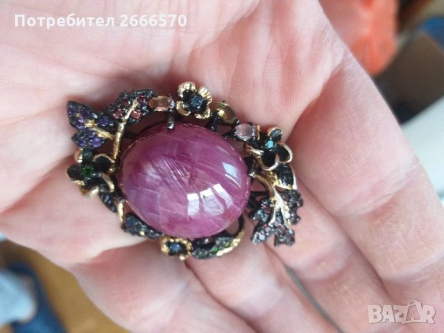 Брошка със 100 карата звезден рубин сребро и злато диамант изомруд смарагд сапфир, снимка 5 - Антикварни и старинни предмети - 34934004