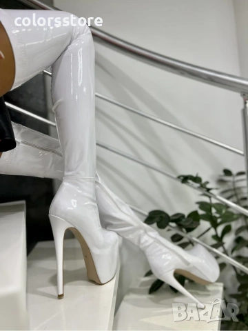 Чизми на ток - бял лак - GSB3, снимка 1 - Дамски ботуши - 42749225