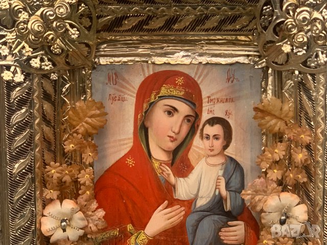Руска домашна празнична икона Тихвинская чудотворна богородица от 19-ти век, снимка 2 - Колекции - 39685827
