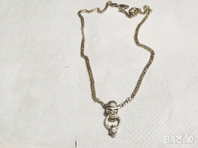 Рокерски сребърен медальон със сребърен синджир и черепи моторджийски, снимка 2 - Колиета, медальони, синджири - 32466886