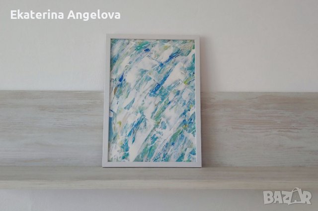 Абстрактна картина лалета, цветя пъстра 22 X 30см, бяло синьо тюркоаз, снимка 5 - Картини - 34626925