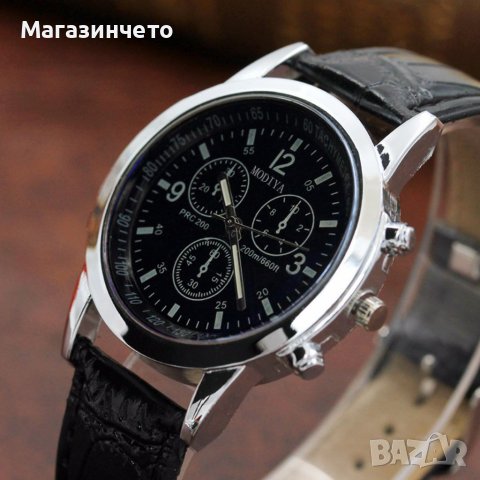 Елегантен мъжки кварцов часовник с кожена каишка "черен и бял цифреблат", снимка 2 - Мъжки - 40385091