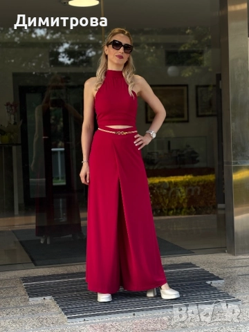 Дамски еластичен стилен червен костюм с пола панталон XS-XL, снимка 2 - Костюми - 49407866