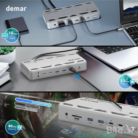 WAVLINK Thunderbolt 5 Dock, 12-в-1 TB5 докинг станция, 8K дисплей, снимка 7 - Други - 52693344
