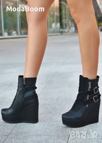 Боти на платформа - Кожа, Велур, снимка 2 - Дамски боти - 48662949