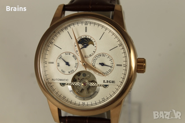 Мъжки Ръчен Часовник LIGE Automatic Toubillon Розово Злато, снимка 3 - Мъжки - 52827082