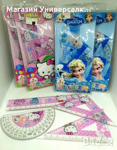 Ученически чертожен комплект линия транспортир триъгълник Frozen, Hello Kitty,  Фроузен , Хелоу Кити